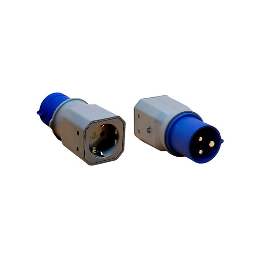 ADAPTADOR CETAC MACHO A SCHUKO HEMBRA, 2P+T, 250 V 16 A, AZUL Y GRIS