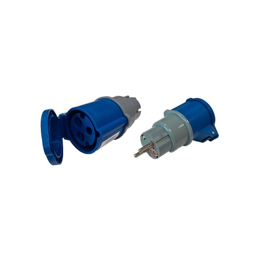 ADAPTADOR SCHUKO MACHO A CETAC HEMBRA, 2P+T, 250 V 16 A, AZUL Y GRIS