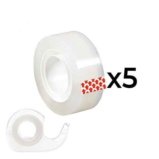 PACK DE 5 ROLLOS CINTA ADHESIVA TRANSPARENTE (15 mm x 10 m) + 1 DISPENSADOR