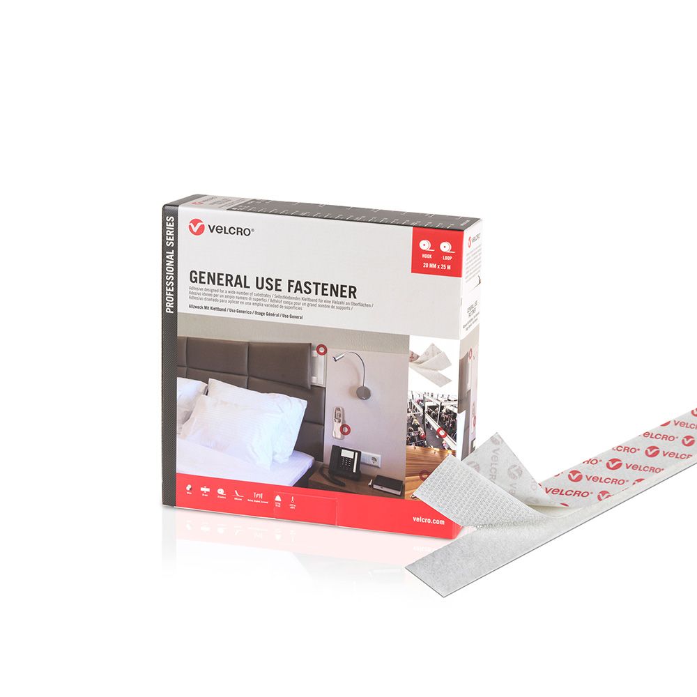 CINTA DE GANCHO Y BUCLE ADHESIVA BLANCA 20 mm x 25 m