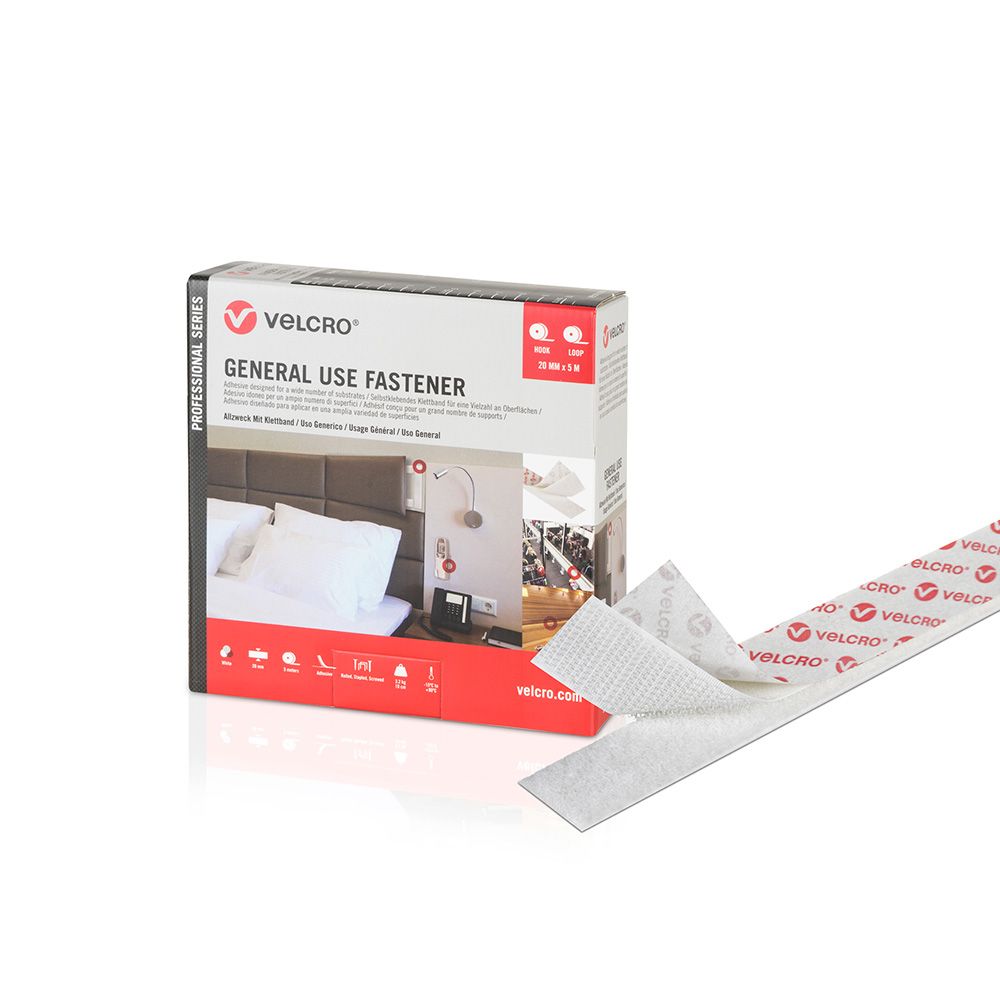 CINTA DE GANCHO Y BUCLE ADHESIVA BLANCA 20 mm x 5 m