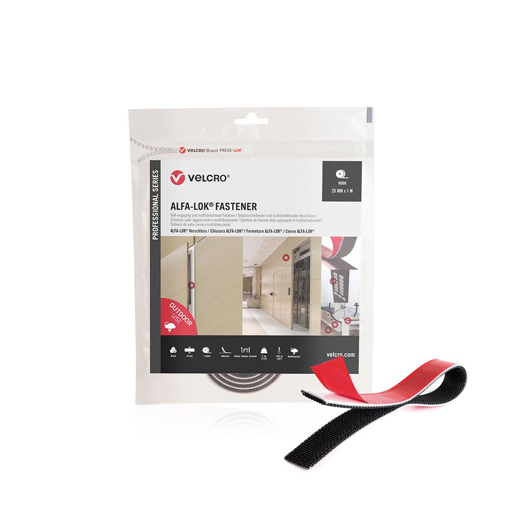 CINTA ALFA-LOK LINEAL DE GANCHO NEGRA 25 mm x 1 m