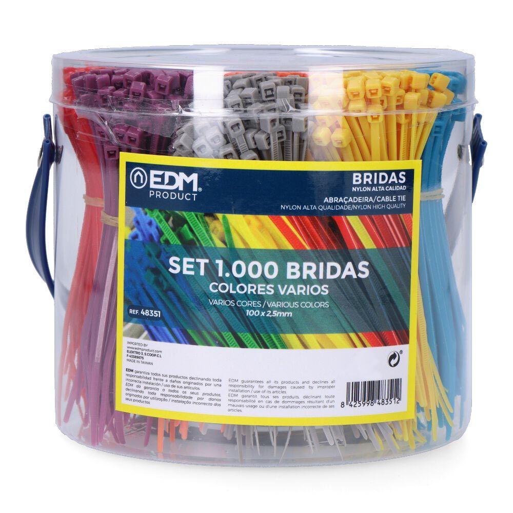 SET DE 1000 BRIDAS 100 x 2,5 mm, COLORES VARIOS, PRESENTACION EN BOTE, NYLON ALTA CALIDAD