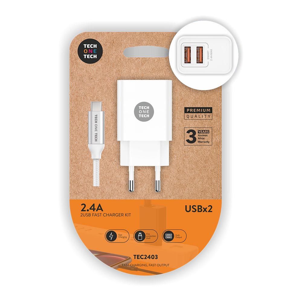 CARGADOR DOBLE 2,4 A + CABLE NYLON MICRO USB BLANCO