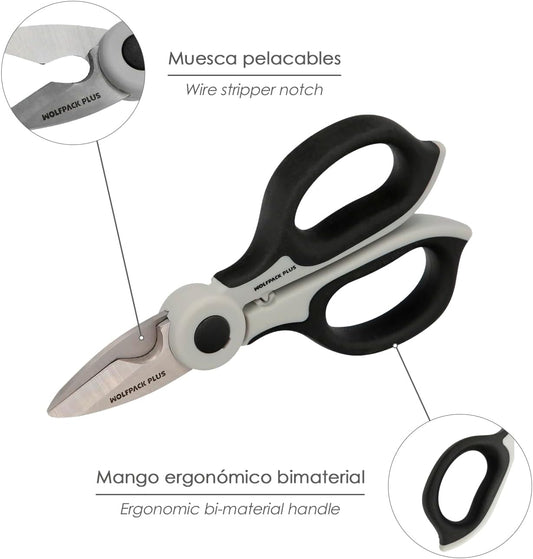 WOLFPACK LINEA PROFESIONAL Tijeras Electricista 155 mm. Mango TPR Plus No tension. Hojas Acero Inoxidable, Ergonomicas, Tijeras Cortar Cable, Pelacables