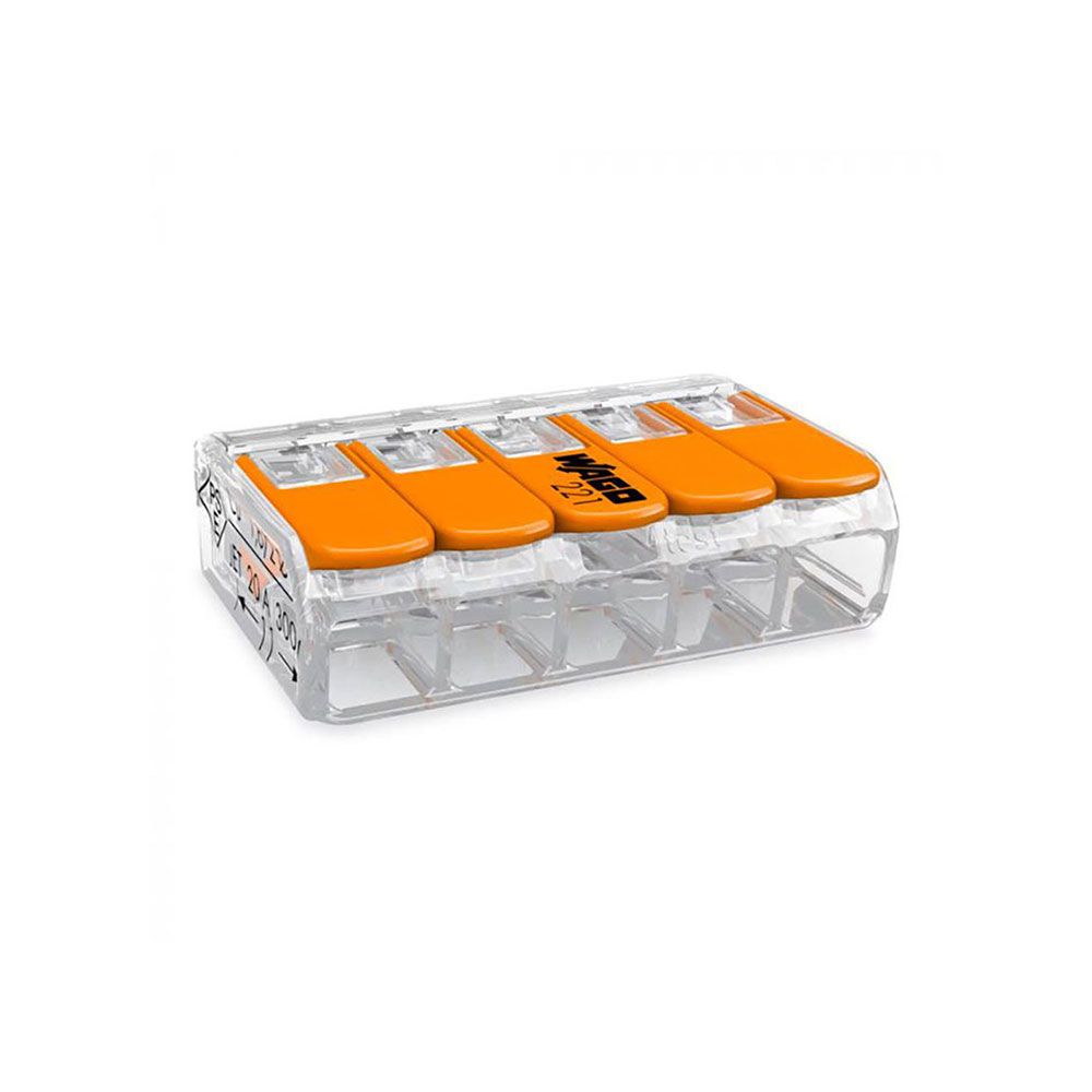 CONECTOR RÁPIDO CON PALANCA 5 VIAS, Ø MAXIMO 4 mm²,  450 V , 32 A; TRANSPARENTE; 30 x 18,6 x 8,4 mm