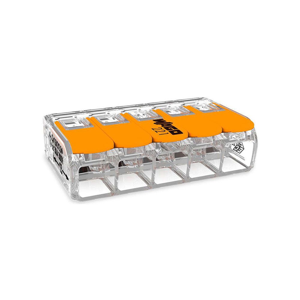 CONECTOR RÁPIDO CON PALANCA 5 VIAS, Ø MAXIMO 6 mm²,  450 V , 41 A; TRANSPARENTE; 36 x 21,1 x 10,1 mm