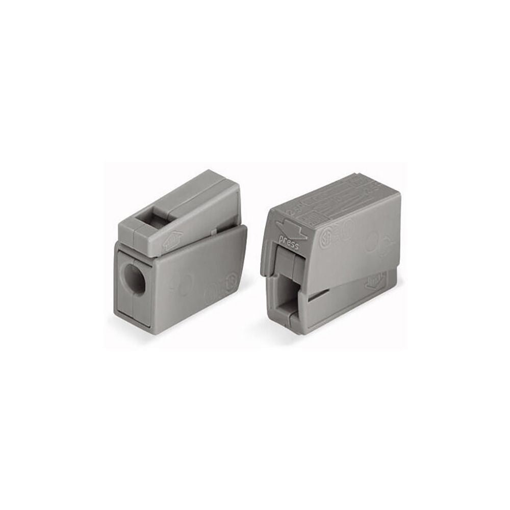 CONECTOR RÁPIDO EN LINEA PRESILLA 2 VIAS, 1 RÍGIDO + 1 RÍGIDO, SEMIRÍGIDO O FLEXIBLE; Ø MÁXIMO 2,5 mm², GRIS