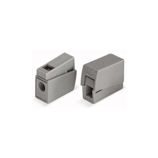 CONECTOR RÁPIDO EN LINEA PRESILLA 2 VIAS, 1 RÍGIDO + 1 RÍGIDO, SEMIRÍGIDO O FLEXIBLE; Ø MÁXIMO 2,5 mm², GRIS