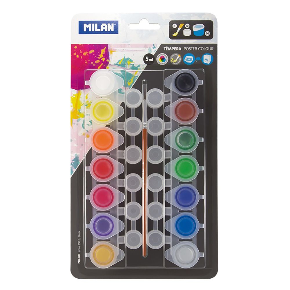 BLISTER CON 14 BOTES DE TEMPERA 5 ml + 12 BOTES DE MEZCLAS + PINCEL