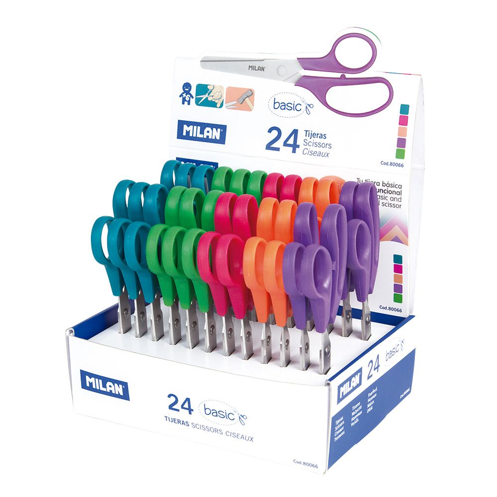 TIJERAS ESCOLARES BASIC 13,3 cm COLORES SURTIDOS, EXPOSITOR 24 uds