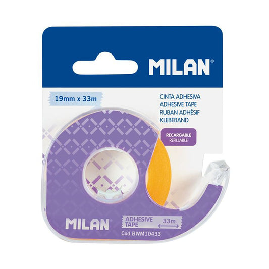 DISPENSADOR LILA DE CINTA ADHESIVA TRANSPARENTE 19 mm x 33 m