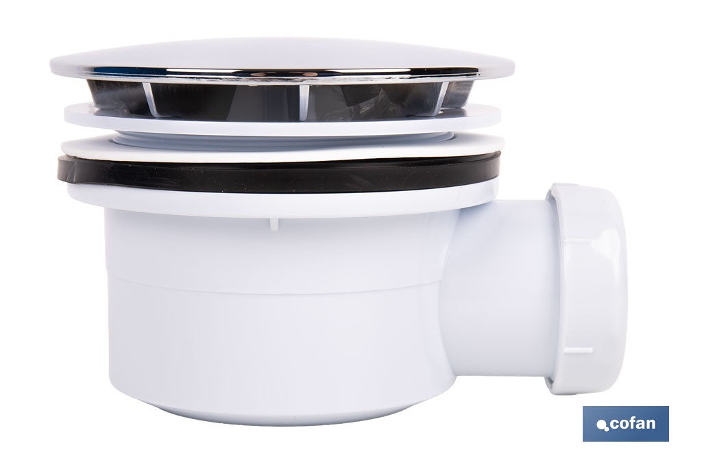 VÁLVULA SIFÓNICA PLATO DE DUCHA Ø90 MM CON SALIDA Ø32-40 MM Y EMBELLECEDOR CROMADO ALTURA 64 MM