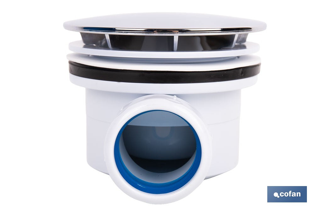 VÁLVULA SIFÓNICA PLATO DE DUCHA Ø90 MM CON SALIDA Ø32-40 MM Y EMBELLECEDOR CROMADO ALTURA 64 MM