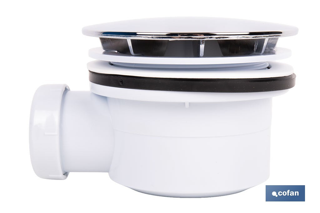 VÁLVULA SIFÓNICA PLATO DE DUCHA Ø90 MM CON SALIDA Ø32-40 MM Y EMBELLECEDOR CROMADO ALTURA 64 MM
