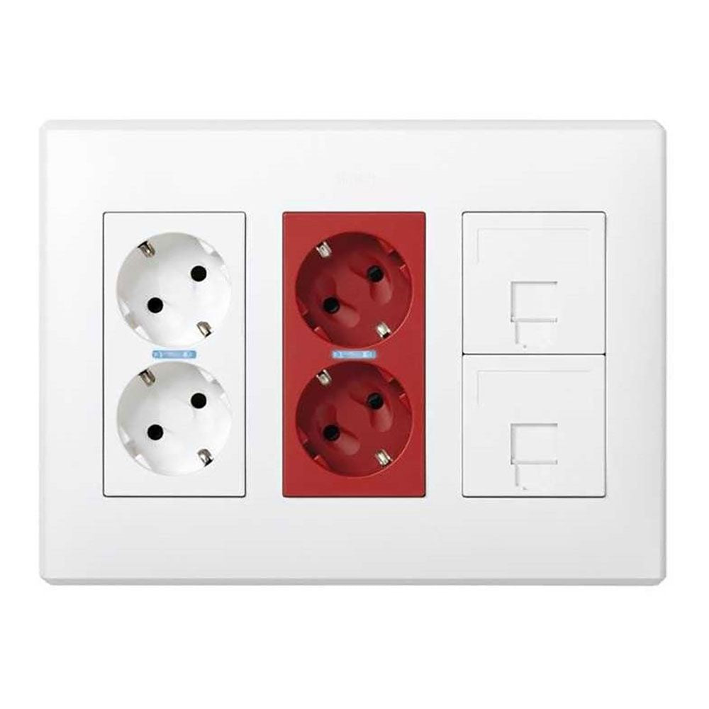 CAJA CON 2 SCHUKOS BLANCOS + 2 SCHUKOS ROJOS + 2 RJ45  500 CIMA SUPERFICIE O EMPOTRAR BLANCA