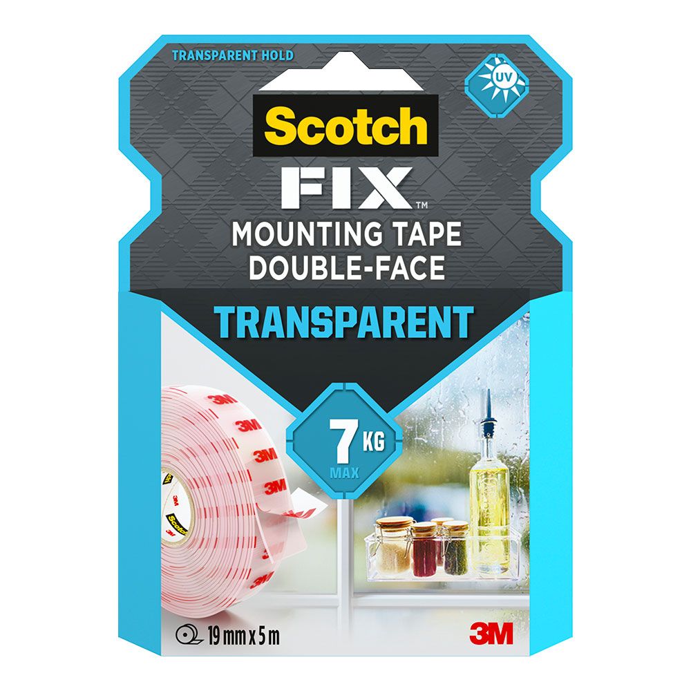 CINTA DOBLE CARA DE MONTAJE, TRANSPARENTE, MÁX 7 Kg, 19 mm x 5 m