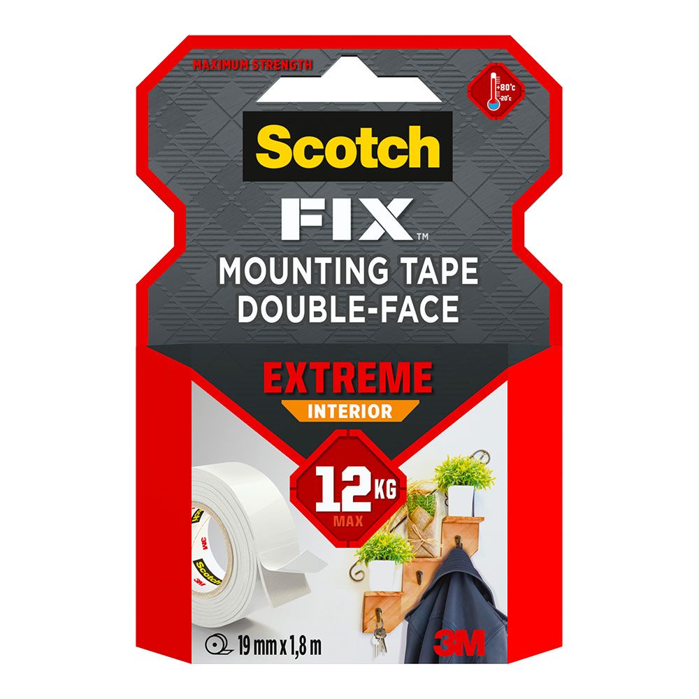 CINTA DOBLE CARA DE MONTAJE EXTREME PARA INTERIORES, MÁX 12 Kg, 19 mm x 1,8 m