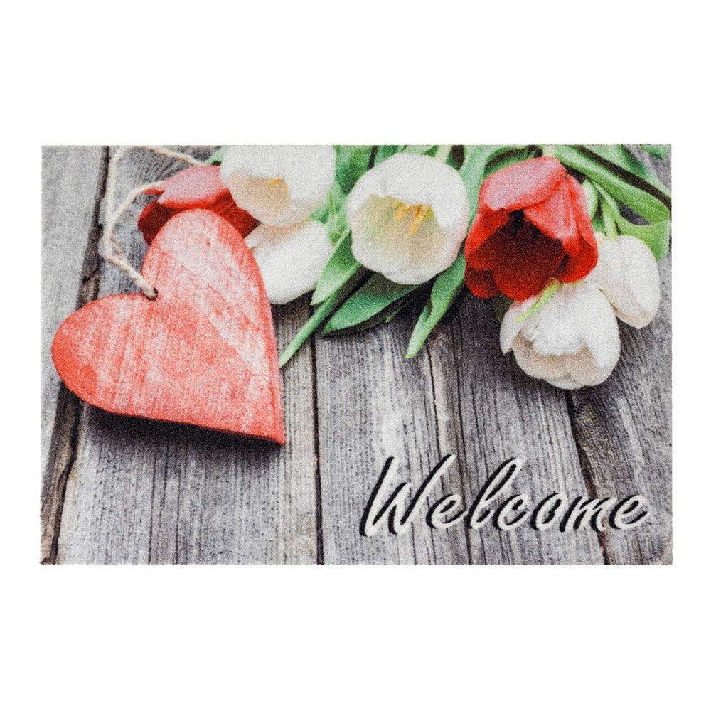 FELPUDO DE INTERIOR, DECO PRINT, 100% POLIAMIDA, 40 x 60 cm, DISEÑO FLORES CORAZÓN WELCOME