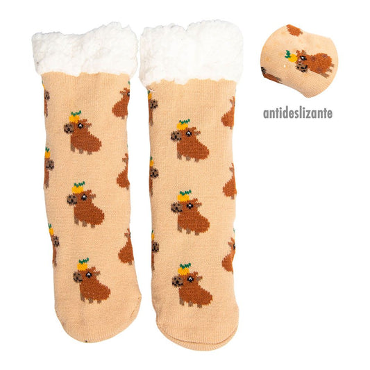 CALCETINES CAPIBARA ESTAMPADOS ANTIDESLIZANTES CON FORRO DE BORREGUITO SUAVE, TALLA 36 - 41