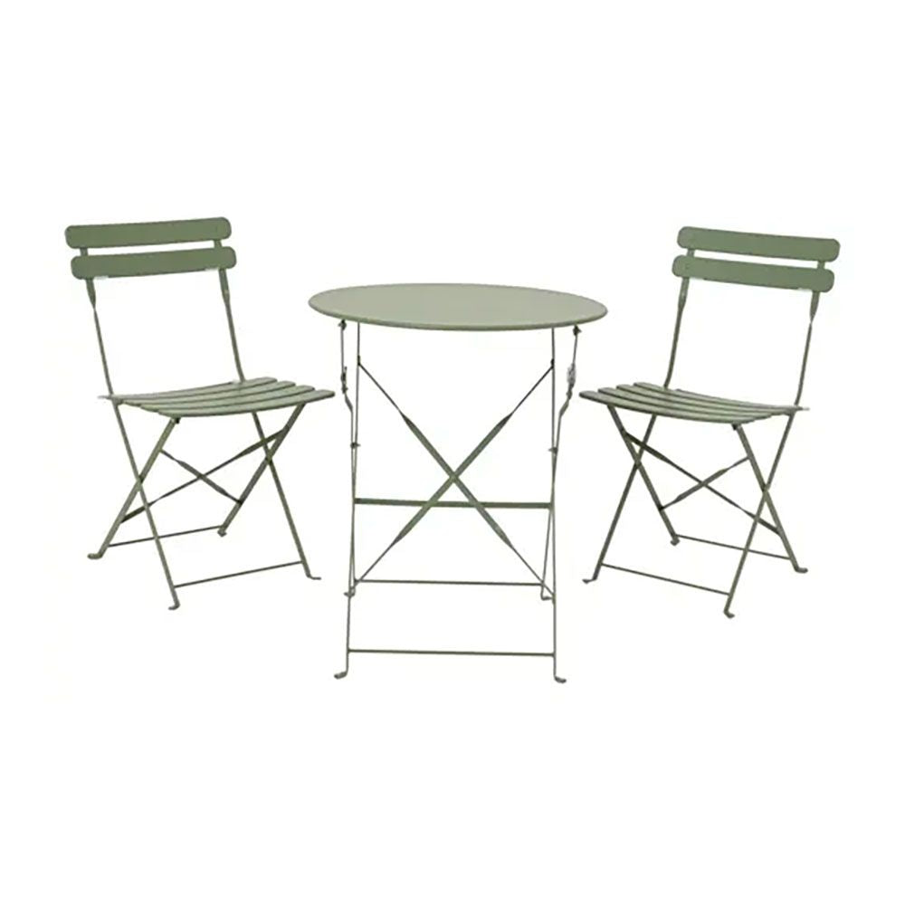 CONJUNTO DE MESA Y 2 SILLAS HELSINGBORG, PLEGABLES, DE ACERO, VERDE