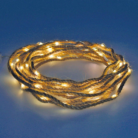 GUIRNALDA A PILAS FIJA 50 MICROLEDS CUERDA DE YUTE LUZ BLANCO CALIDO 5,03m