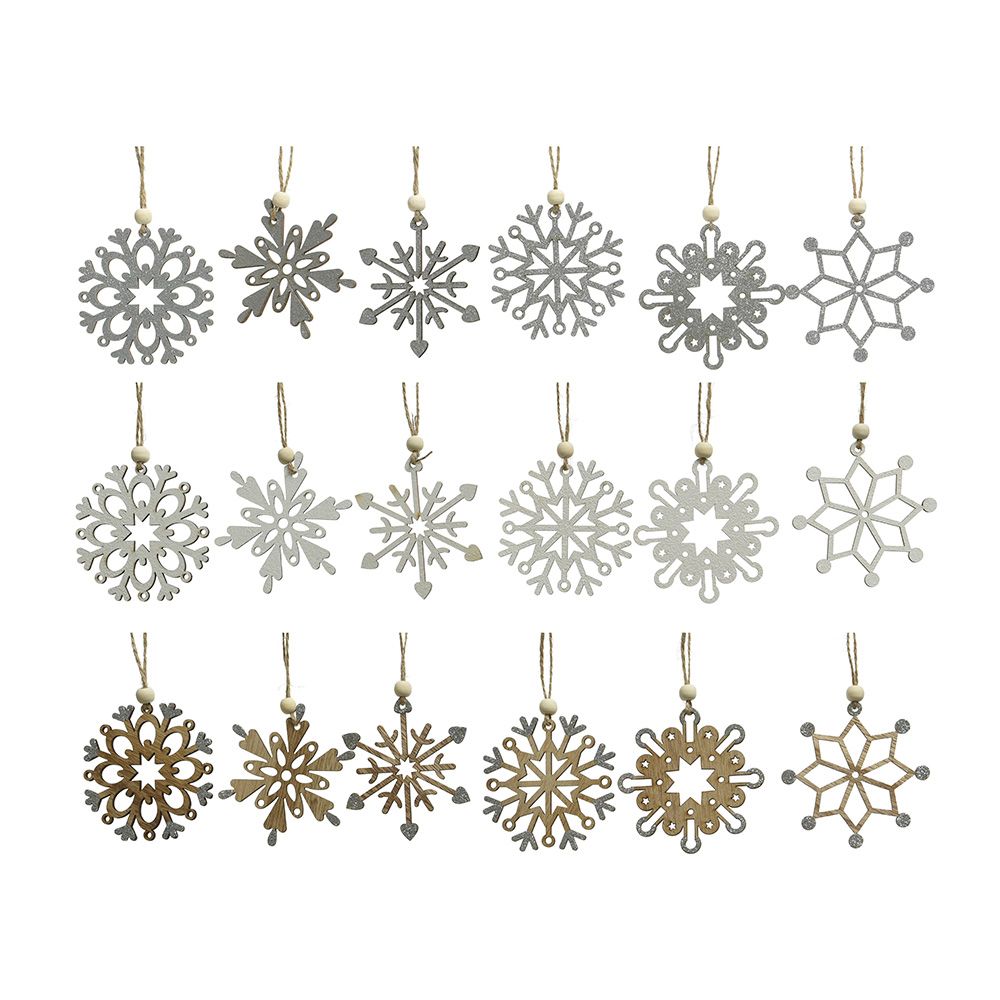 ADORNO DE MADERA PARA ÁRBOL DE NAVIDAD, COPOS DE NIEVE Ø6cm, MODELOS VARIADOS