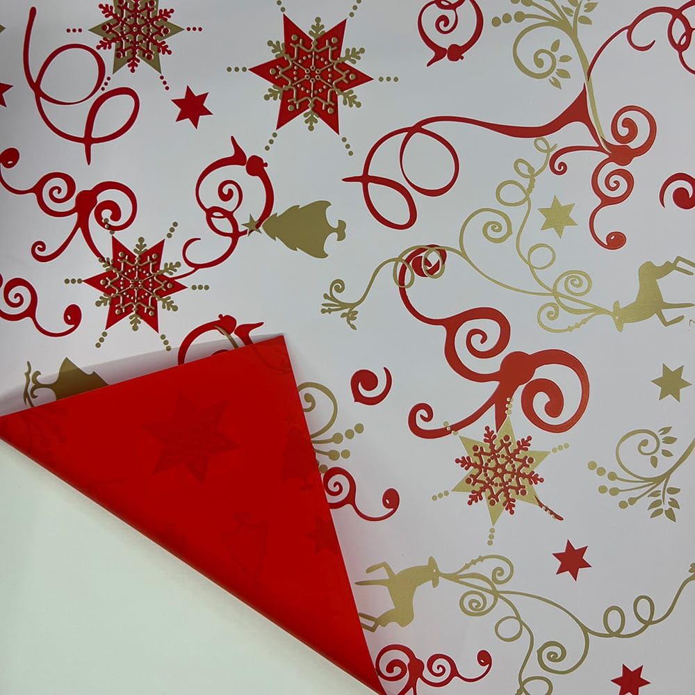 PAPEL DE REGALO DOBLE CARA, MOTIVOS NAVIDEÑOS, BLANCO Y ROJO, 70 cm x 40 m