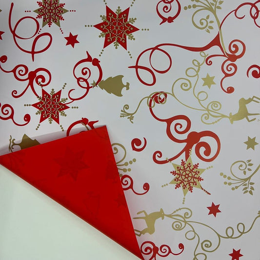 PAPEL DE REGALO DOBLE CARA, MOTIVOS NAVIDEÑOS, BLANCO Y ROJO, 70 cm x 40 m