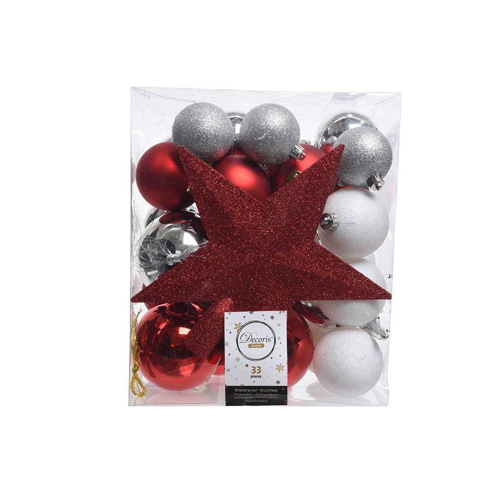 CAJA CON 33 ACCESORIOS PARA ARBOL PLATA, ROJO Y BLANCO MATE