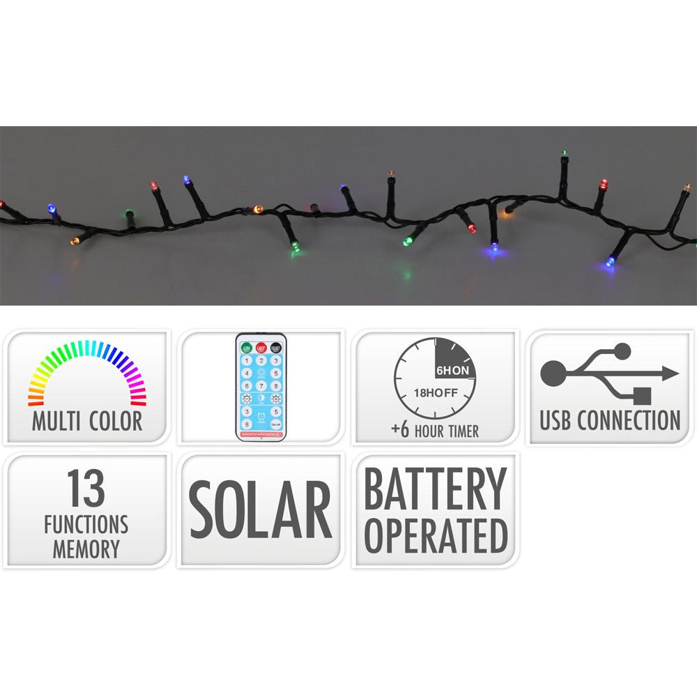 GUIRNALDA LED SOLAR 240 LEDS 13 FUNCIONES PARPADEANTE EXTERIOR MULTICOLOR CABLE VERDE 10 m