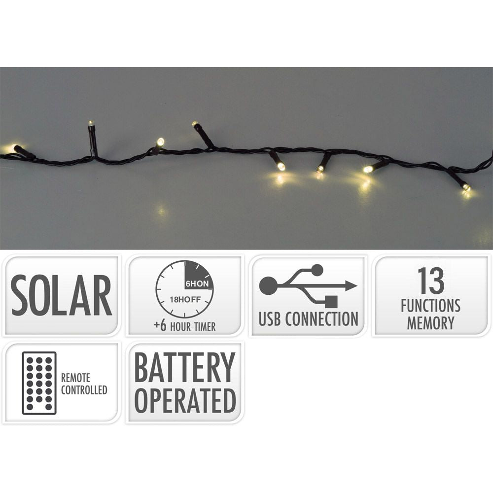 GUIRNALDA SOLAR RECARGABLE, 480 LEDS, MULTIFUNCIÓN, LUZ CÁLIDA, EXTERIOR; 21,6 m