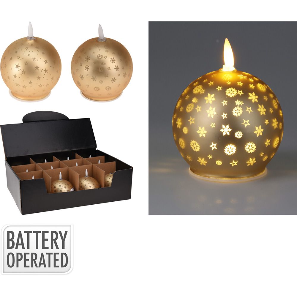 VELA LED BOLA NAVIDAD DORADA, LUZ CÁLIDA, 2 MODELOS CON MOTIVOS NAVIDEÑOS