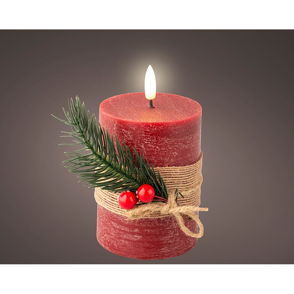 VELA DE CERA LED EFECTO LLAMA, COLOR ROJO, SUPERFICIE RÚSTICA CON RAMILLETE Ø7,5 x 13 cm