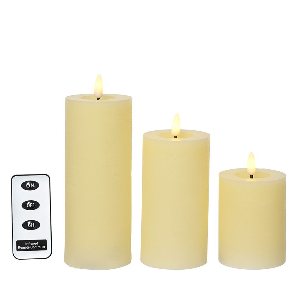 VELA DE CERA LED COLOR BEIGE, ACABADO RÚSTICO, Ø7 cm CON DIFERENTES ALTURAS, 3 uds