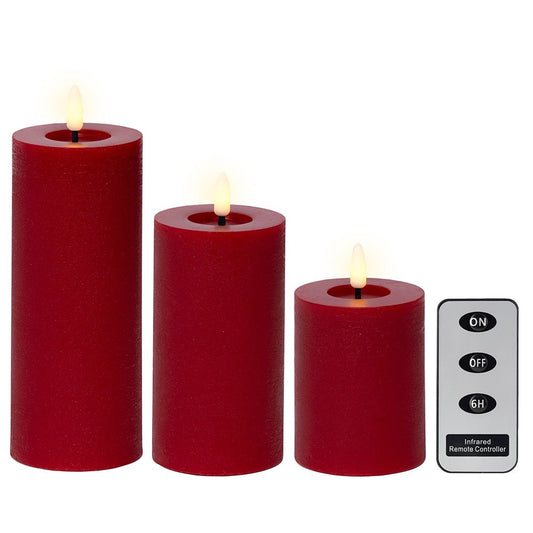 VELA DE CERA LED COLOR ROJO, ACABADO RÚSTICO,  Ø7 cm CON DIFERENTES ALTURAS, 3 uds