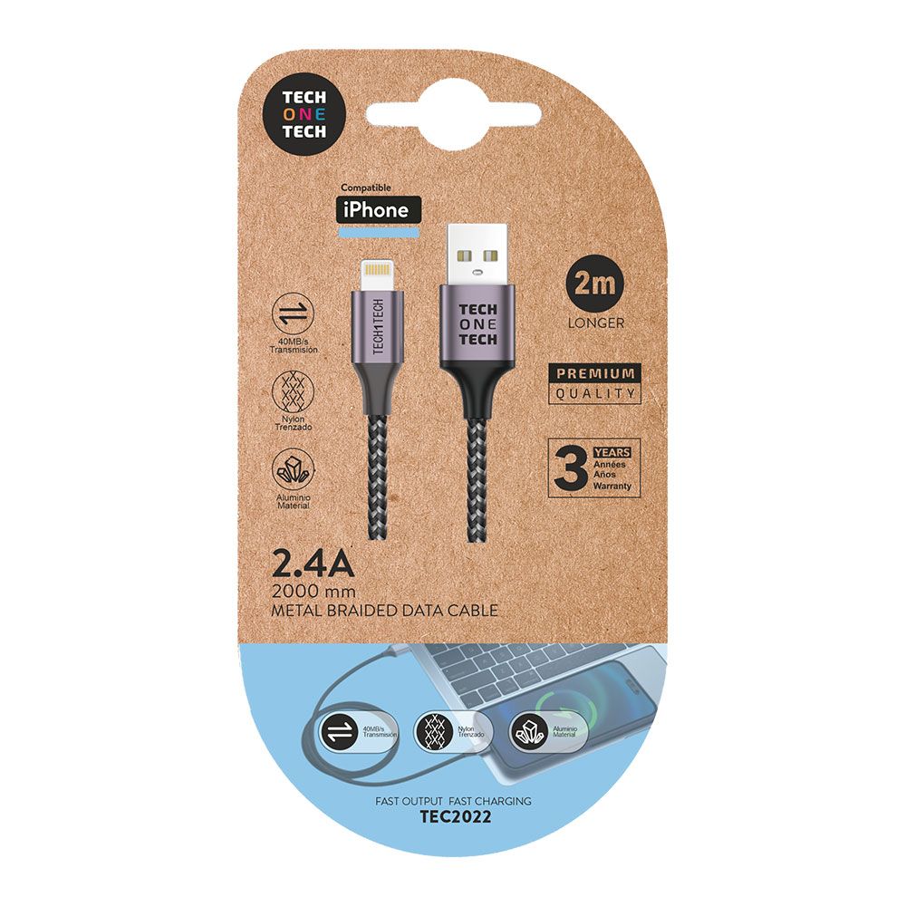 CABLE NYLON USB-A A LIGHTNING  2 m GRIS