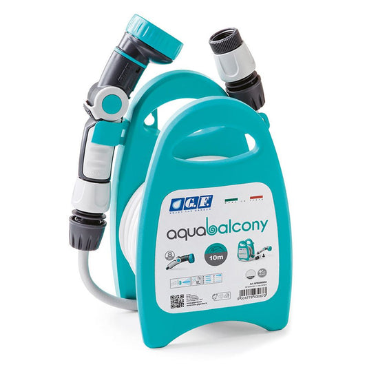 KIT MINIPORTAMANGUERA  AQUABALCONY EQUIPADO CON 10 m DE MANGUERA, LANZA ERGO 8 JET Y 2 RACORES. COLOR AZUL