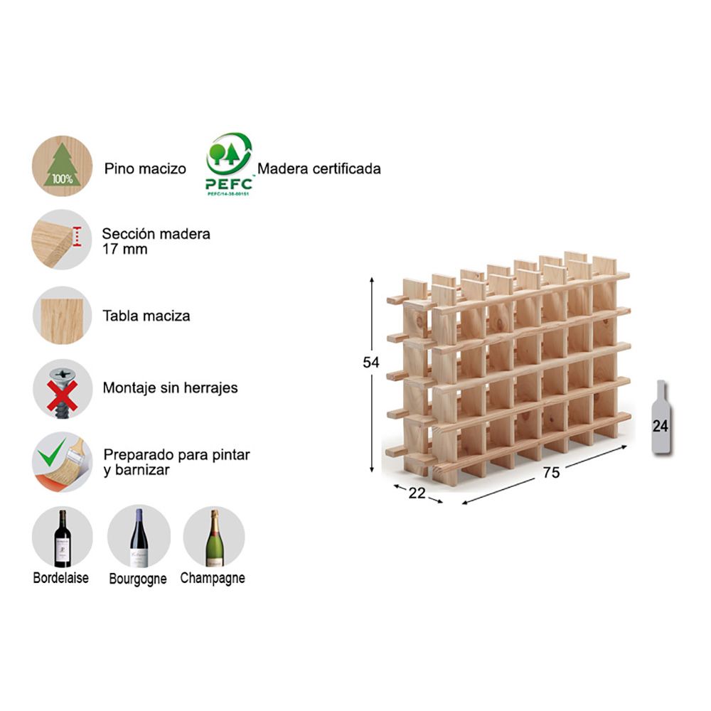 BOTELLERO DE PINO MACIZO EVOLUTIVO RIOJA PARA 24 BOTELLAS 75 x 22 x 54 cm