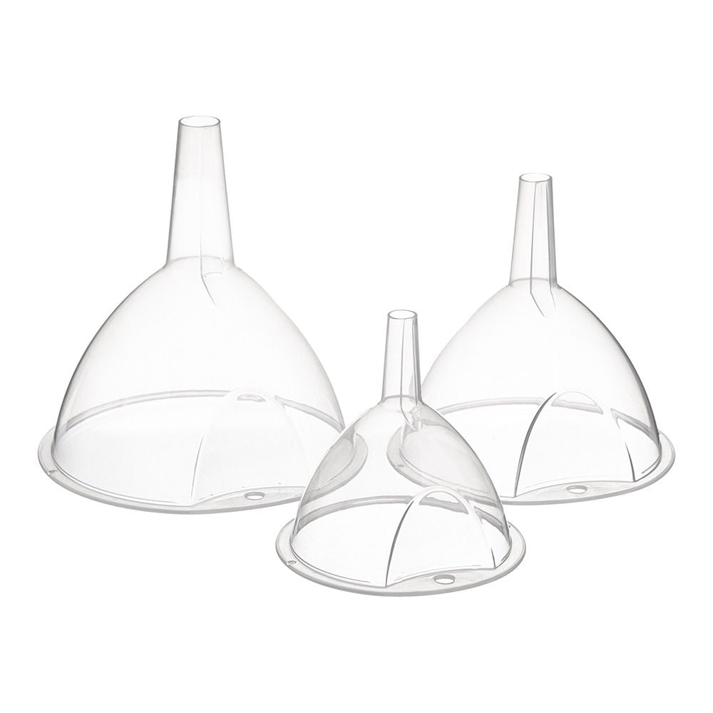 EMBUDOS DE PLÁSTICO TRANSPARENTE Ø10 cm / Ø12 cm / Ø12 cm; 3 uds
