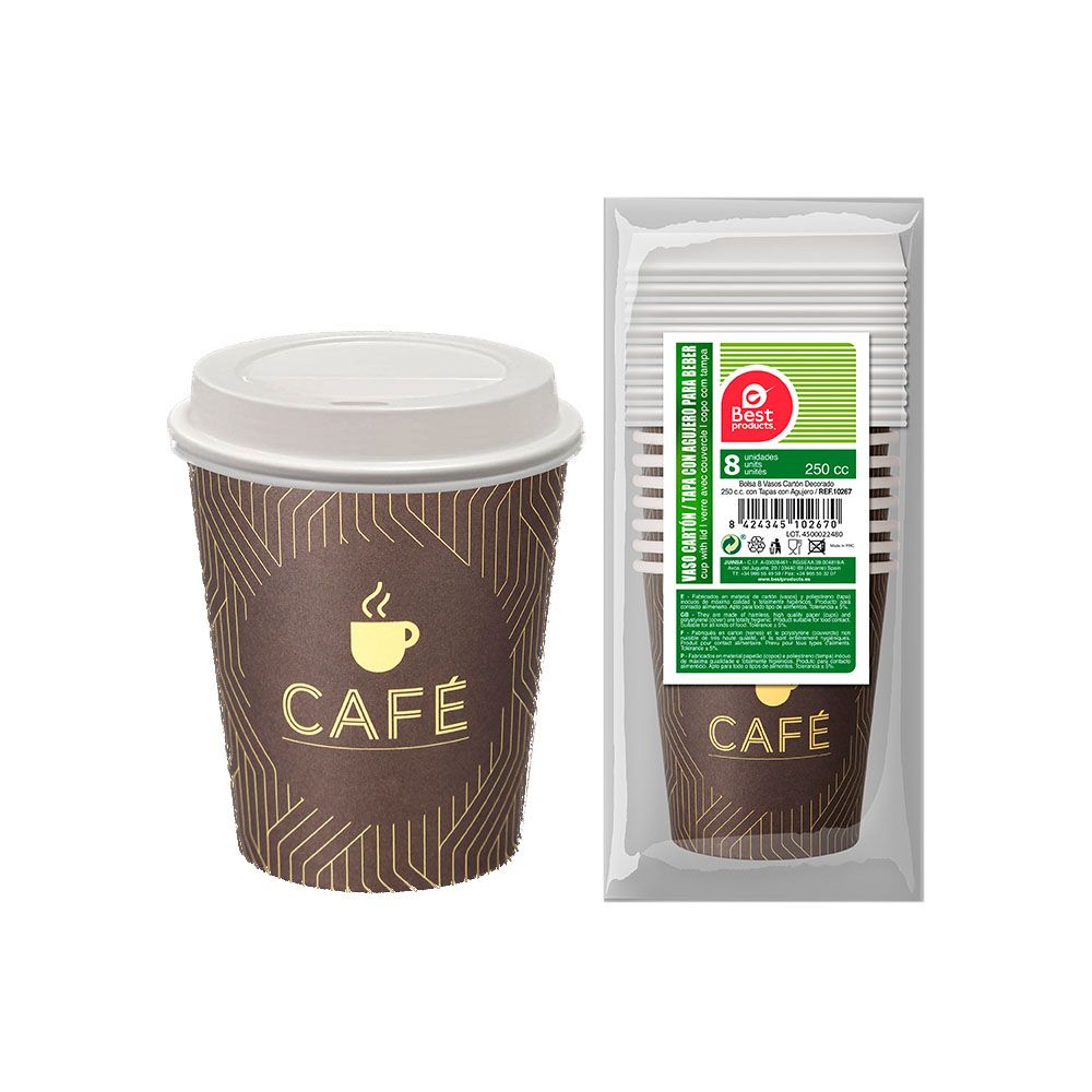VASOS DE CARTÓN DE CAFE + TAPA CON AGUJERO 250cc, 8 uds