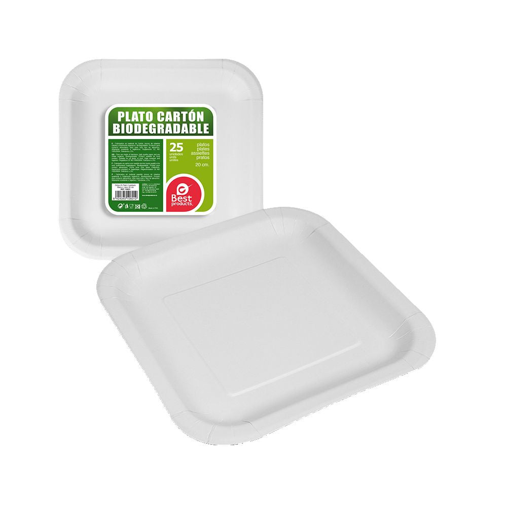 PLATOS DE CARTÓN CUADRADOS BLANCOS 20 x 20 x 3 cm, 25 uds