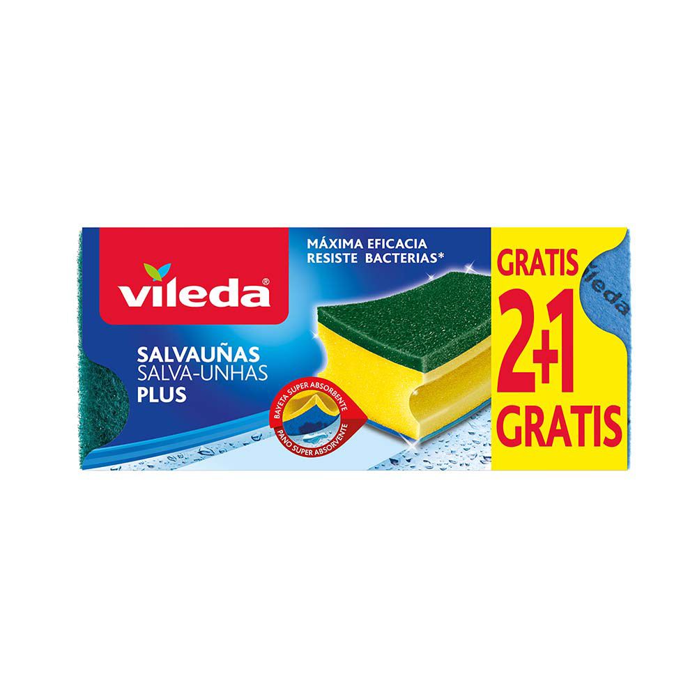 ESTROPAJO CON BAYETA SALVAUÑAS ANTIBACTERIAS 2+1