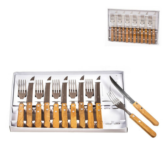 SET 6 CUCHILLOS + 6 TENEDORES MANGO MADERA