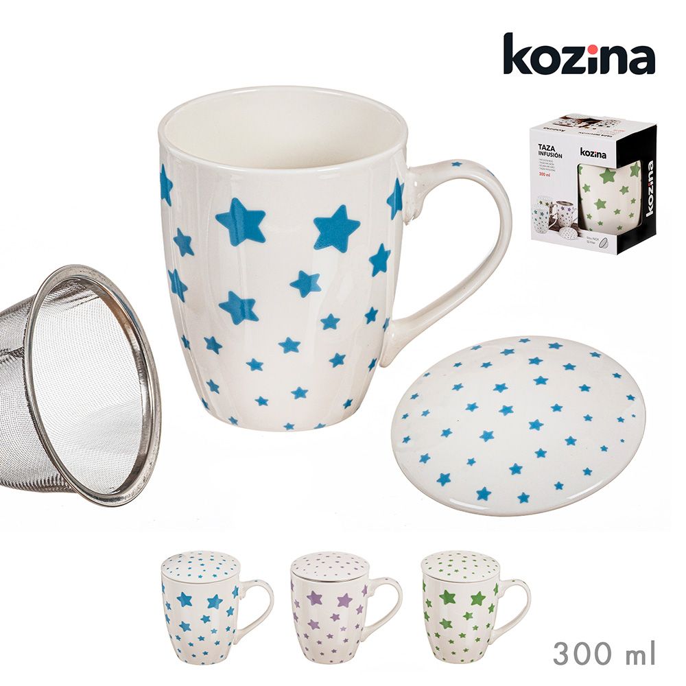 TAZA INFUSIÓN ESTRELLAS CON FILTRO Y TAPA COLORES SURTIDOS 300 ml