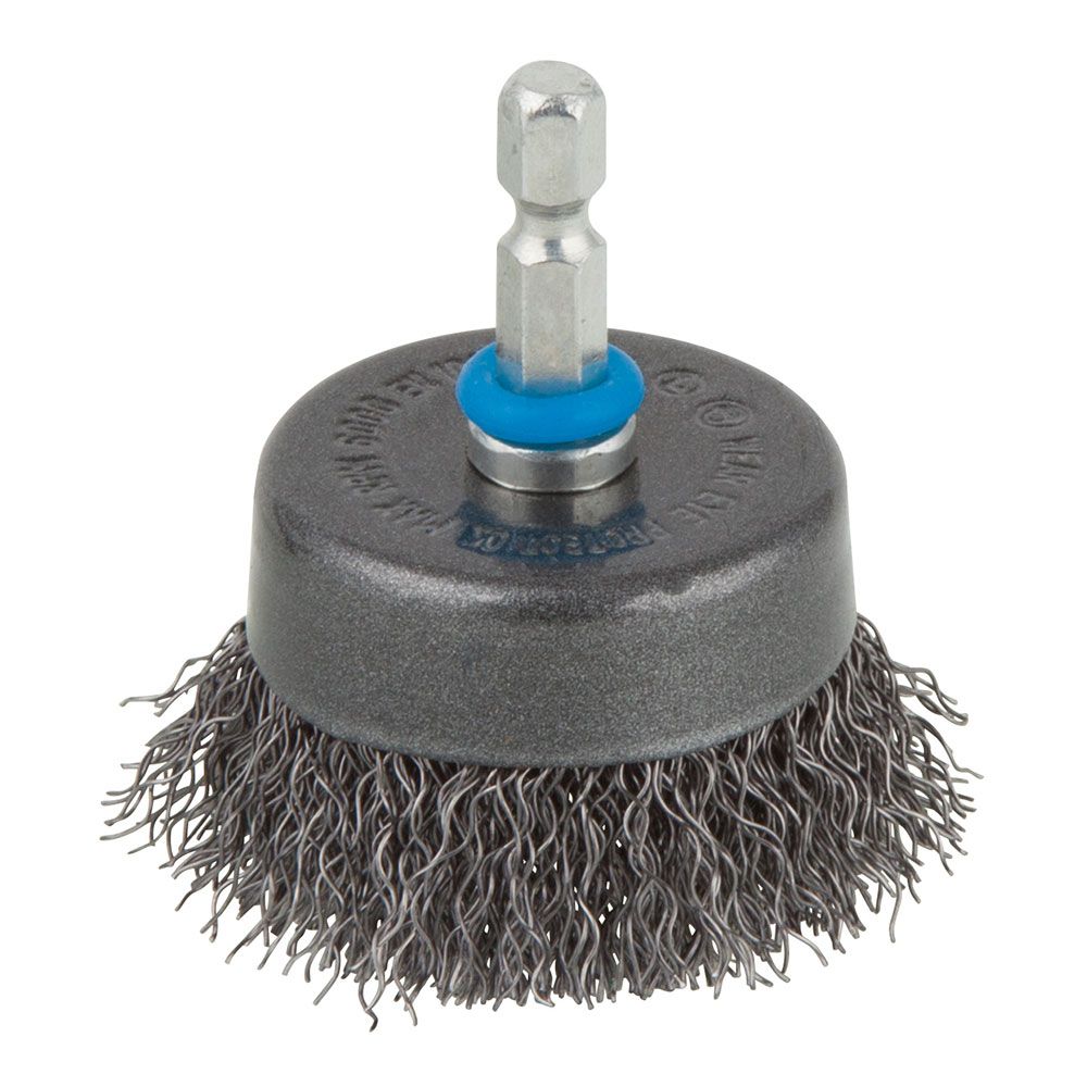CEPILLO DE COPA DE ALAMBRE DE ACERO, VÁSTAGO HEXAGONAL, Ø50 mm