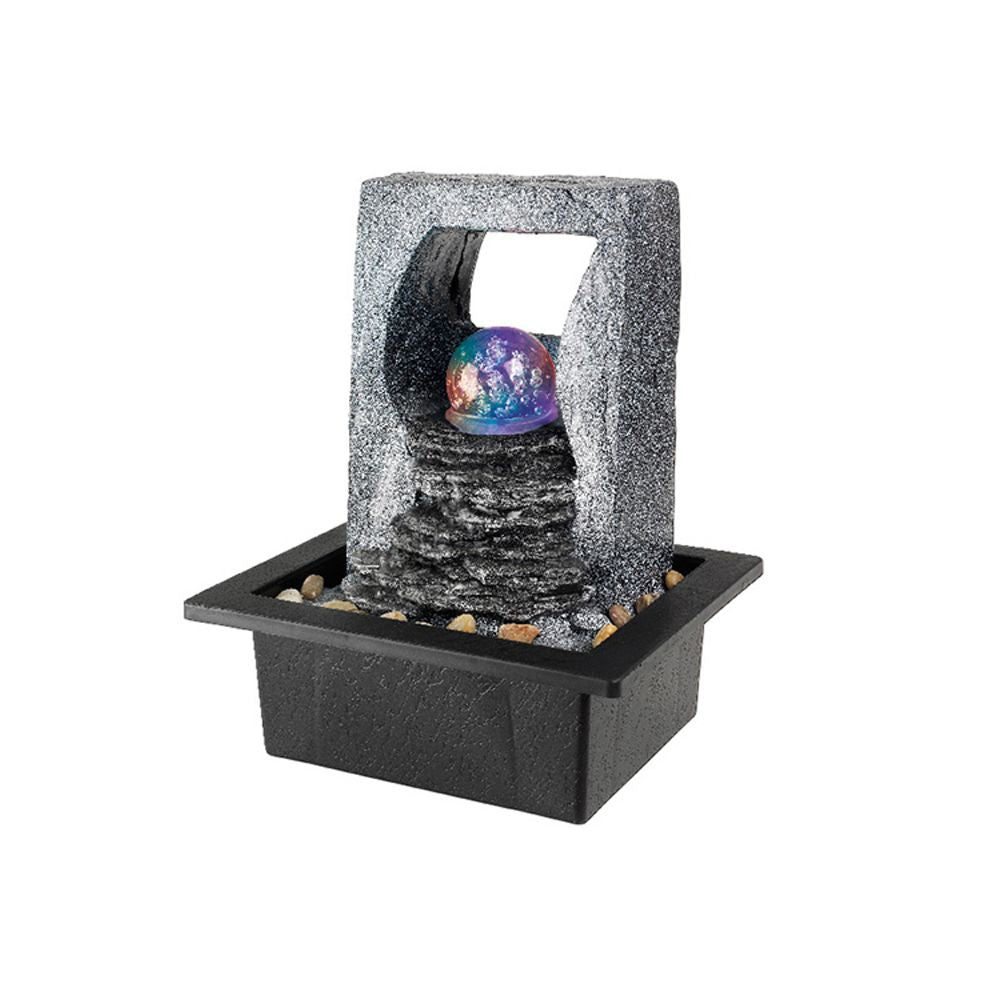 FUENTE DE RESINA PARA EXTERIOR IP44, CON LED RGB DE COLORES Y BOLA CRISTAL;  21,5 x 18,8 x 25,5 cm