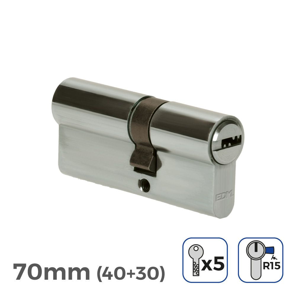 BOMBIN NIQUEL 70mm (40+30mm) LEVA LARGA R15 CON 5 LLAVES SEGURIDAD INCLUIDAS EDM