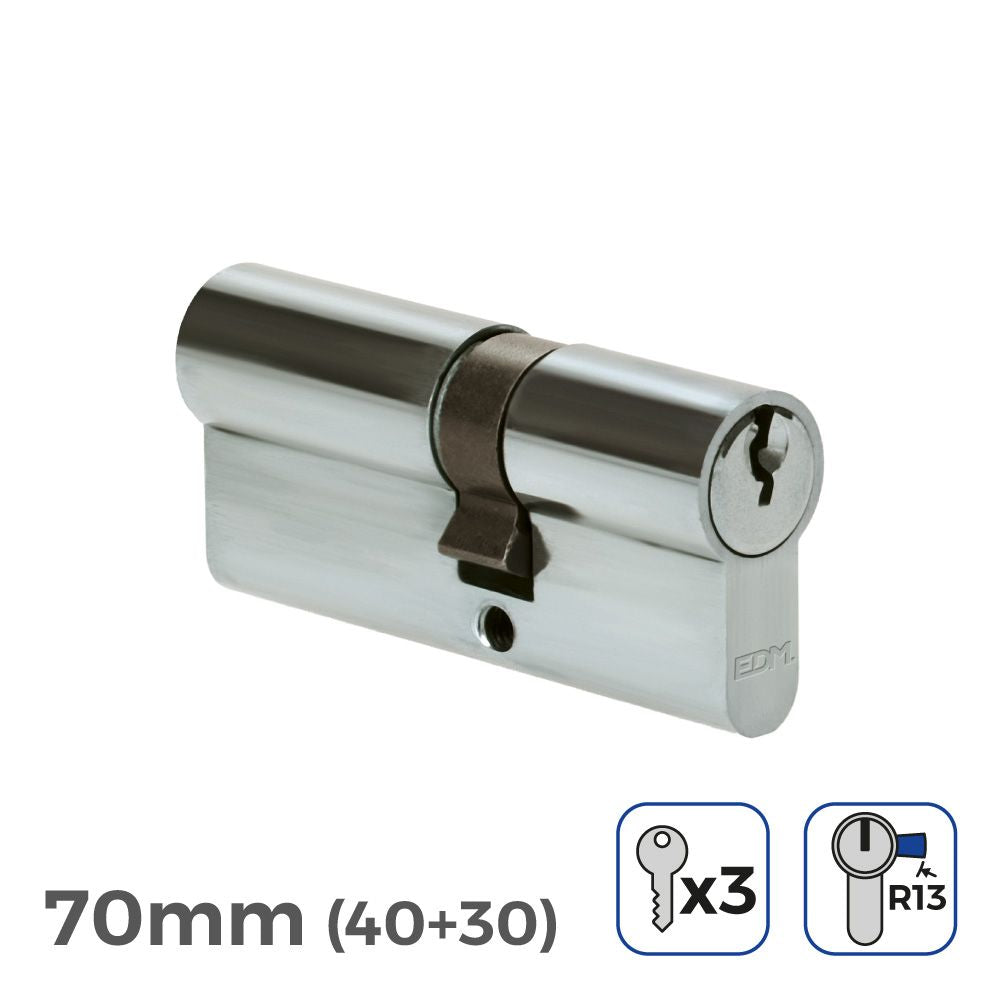 CILINDRO 70mm (40+30mm) NIQUELADO, LEVA CORTA R13 CON 3 LLAVES DE SERRETA INCLUIDAS