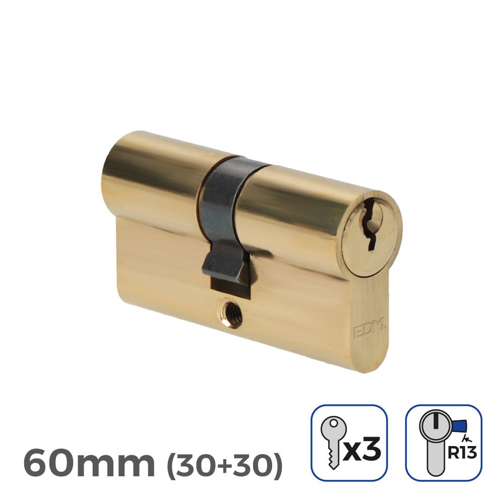CILINDRO LATÓN 60mm (30+30mm)  LEVA CORTA R13 CON 3 LLAVES DE SERRETA INCLUIDAS